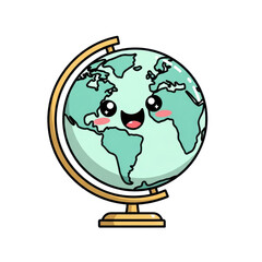 Adorable Globe Illustration Kawaii Earth Globe with a Smiling Face, Cute Cartoon Design, World Map View