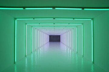 Long futuristic green corridor with neon lights. Modern interior design featuring reflective floor, empty hallway, tunnel-like passage, glowing illumination, geometric patterns, technology background,