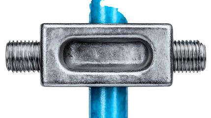 Close up of a metal clamp with threaded ends attached to a blue pipe object