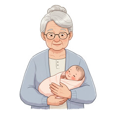 A heartwarming illustration of a gentle, smiling grandmother with grey hair and glasses, tenderly cradling a happy, swaddled newborn baby in her arms.