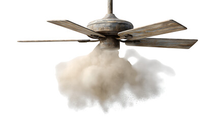 Dusty ceiling fan with five blades and a cloud of dust falling from it