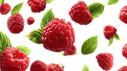 Raspberry isolated. Red raspberries with green leaf isolate. Raspberry with leaves isolated on white background. Full depth of field.