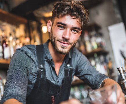 A friendly barman, positioned at a bustling bar, beams with a pleasant, approachable expression, showcasing a thoughtful demeanor.
