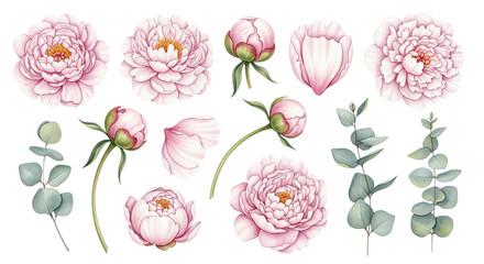 Fototapeta premium Exquisite Watercolor Peony and Eucalyptus Collection Soft Pink Blooms, Buds, and Greenery Sprigs for Botanical Designs
