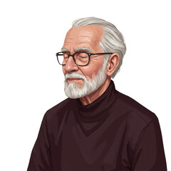 A serene and contemplative portrait of a senior man with white hair, a well-groomed beard, and glasses, his eyes closed in a moment of peaceful reflection.