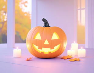 Obraz premium Glowing pumpkin with cheerful face sits wooden surface, surrounded by candles and autumn leaves