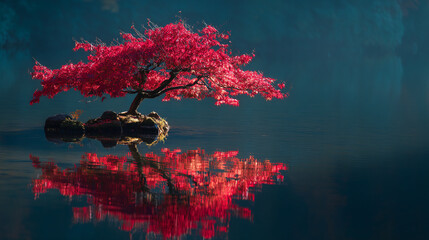 A vibrant red japanese maple tree on a small island reflected in the still water surface