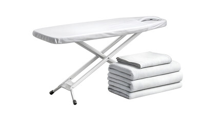 A white ironing board with folded towels on a white background studio shot