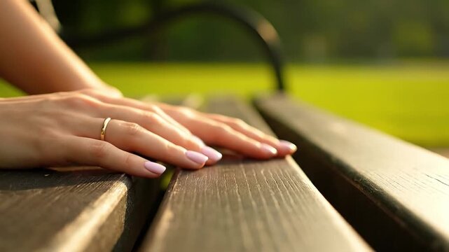 Gentle Touch: Woman's Hands Resting on Park Bench, Reflecting Serenity and Connection