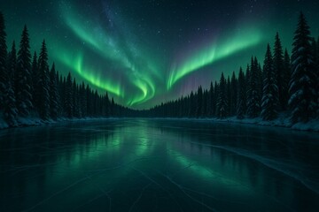 Aurora Borealis over frozen lake