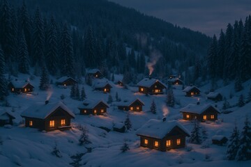Cozy Cabins in a Snowy Mountain Village