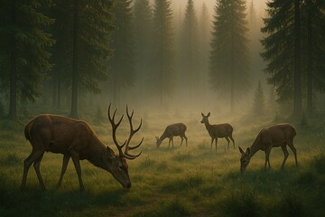 Stag and Does in a Foggy Glade