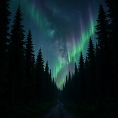 Northern Lights Over Dark Forest Road