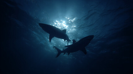 Two sharks swimming in the deep blue sea with sunlight filtering from the water surface above