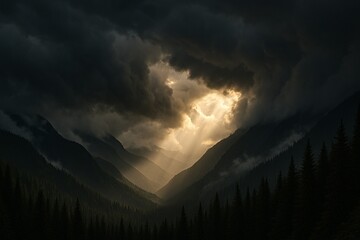 Dramatic Light Piercing Through Mountains