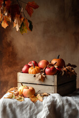 A wooden crate filled with pumpkins, apples, and dry autumn leaves, centered composition on a warm burnt background, clean space above