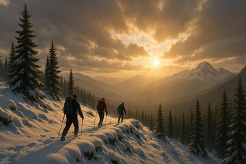 Hikers Trekking Through Snowy Mountain Scenery