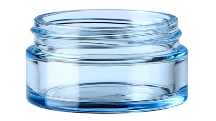 A clear glass jar with a blue tint and visible threading for a lid on top