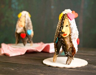 Naklejka premium Two fish-shaped treats decorated with colorful candies and hearts