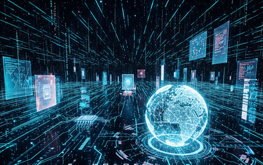 グローバルネットワークとデータが交錯するサイバー空間のイメージ