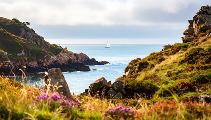 Fototapeta premium Scenic coastal view with sailboat near rocky cliffs