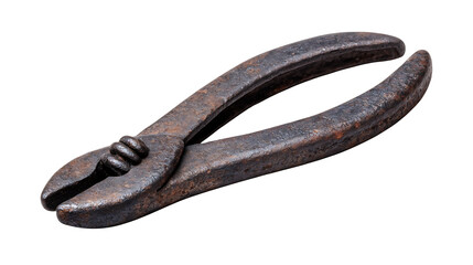 Close up of a rusty pair of pliers isolated on a white studio background