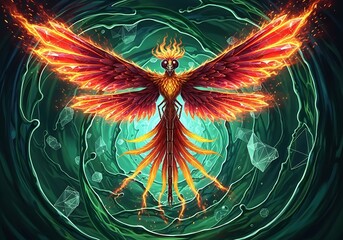 Fiery insect-like creature in psychedelic green vortex, crystal details