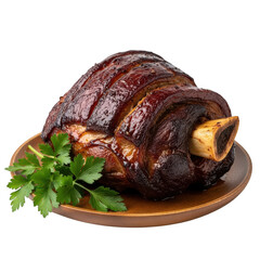 A roasted pork hock with crispy skin and a bone, garnished with parsley, isolated on transparent background