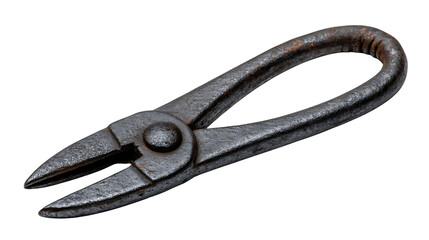 A close up of a pair of old metal pliers with rounded handles on white background