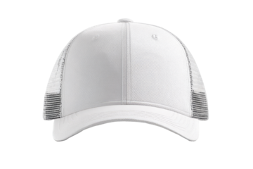 Blank white baseball cap, front view.  Mesh panels on the sides and back.  Solid color, adjustable