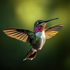 Fototapeta premium close-up of a colorful hummingbird in mid-flight with detailed iridescent feathers and spread wings against a blurred green background