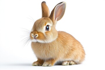 Obraz premium Close-up of a small, fluffy brown rabbit with large ears and bright eyes sitting calmly on a white background