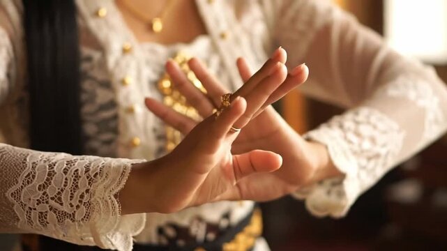 Traditional javanese dancer showing graceful hand movements, detail of exquisite rings and lace