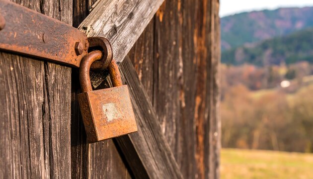 Rustic wooden door with rusty padlock