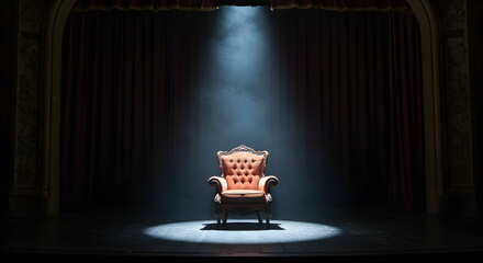 Elegant vintage armchair showcased under dramatic spotlight on empty stage with dark red velvet curtains