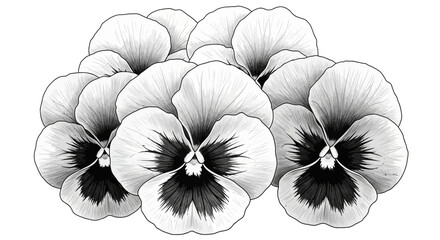 Detailed monochromatic drawing featuring pansy flower arrangement in full bloom