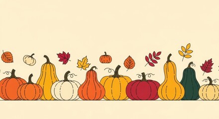 Naklejka premium Colorful Pumpkins and Leaves Autumnal Border Illustration.