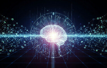 光り輝く脳と広がるネットワーク、人工知能と情報技術の融合