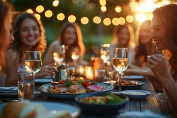 Group of young women enjoying an outdoor dinner party at sunset with beautifully plated food and glasses of white wine, surrounded by warm string lights creating a cozy atmosphere