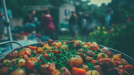 Outdoor cooking event delicious dish preparation in a garden setting captured with vibrant atmosphere