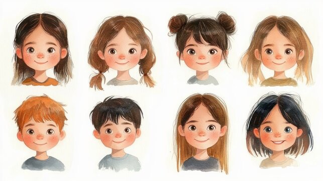 Illustration of eight smiling children with various hair colors and styles, featuring soft shading and warm expressions