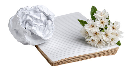 Crumpled paper and flowers on a lined notebook against a white background
