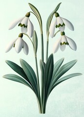 Obraz premium Close-up illustration of a delicate bouquet of white snowdrop flowers with green markings on petals and lush green leaves against a light background