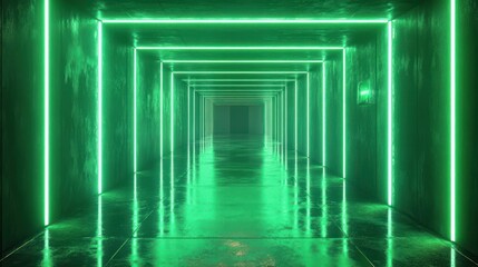 Fototapeta premium Perspective view of a futuristic corridor illuminated by vivid green neon lights with reflective glossy floors creating a symmetrical and immersive tunnel effect