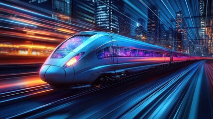 Sleek modern high-speed train speeding through a futuristic cityscape with vibrant neon lights and dynamic motion trails conveying speed and energy