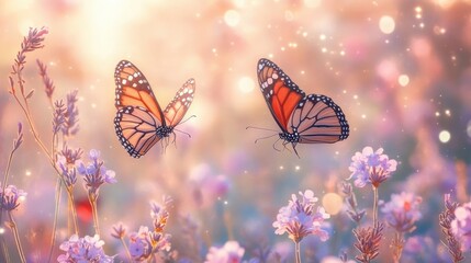 Two vibrant orange and black butterflies fluttering above delicate purple flowers with soft golden light and sparkles creating a dreamy and tranquil atmosphere