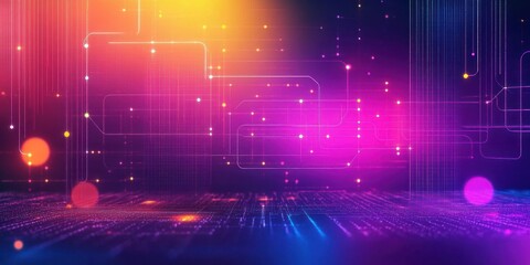 Abstract digital landscape with glowing neon circuitry lines and dots against a vibrant blurred background of purple, pink, orange, and yellow hues