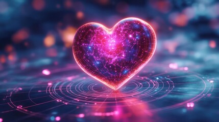 Glowing futuristic digital heart with network connections and radiant neon lights, symbolizing technology and emotion fusion in a vibrant abstract setting