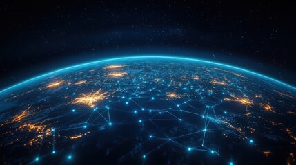 Obraz premium View of Earth from space with illuminated city lights and interconnected glowing network lines symbolizing global communication and connectivity under a starry sky