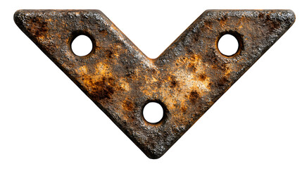 A rusty metal v shaped bracket with holes isolated on a white background